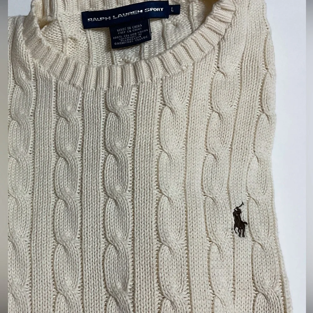 Ralph Lauren Sport Cable-Knit Cotton Crewneck Ivory Jumper Size Large old money - Picture 14 of 16